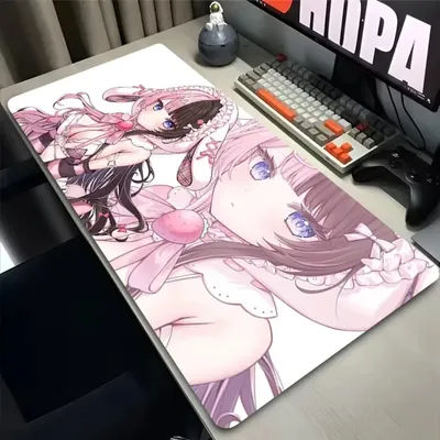 Tapis de souris gaming, grand tapis de bureau, antidérapant, bords cousus, motif fille anime rose mignon, tapis antidérapant pour le gaming et le bureau