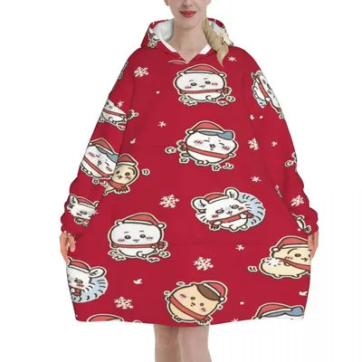 Chiikawaes Wearable Blanket Hoodie for Women Men Oversized Sweatshirt Blanket with Pocket