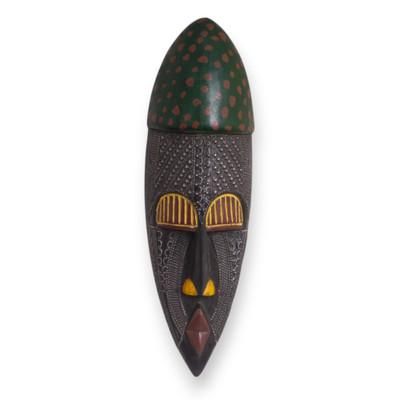 Dusu Shield,'Elongated Painted African Wood Wall Mask with Brass Details'