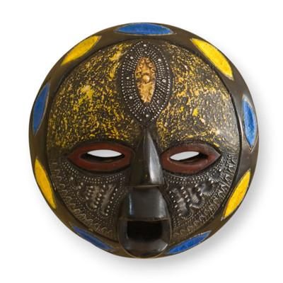 Awia,'Aged Textured Painted African Wood Aluminum Plate Wall Mask'