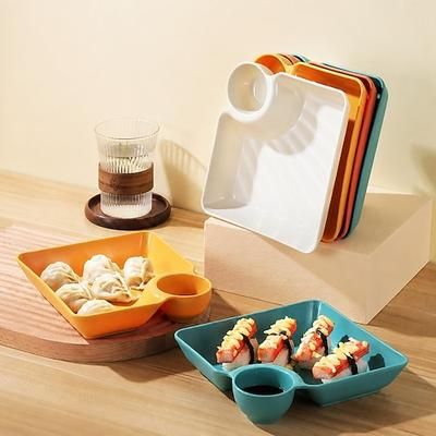 Set di 4 piatti da snack con scomparti, piatti da cena in plastica con scomparti per ravioli, piatti da sushi/patatine con area per salse, infrangibili, sicuri per antipasti/pollo fritto/dessert