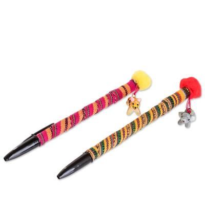 Little Pets,'Set of 2 Colorful Cotton Ballpoint Pens with Ceramic Charms'