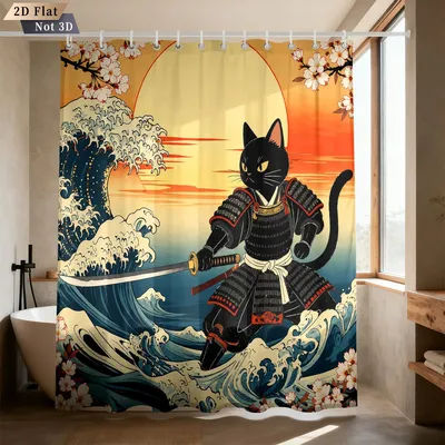 Cool Samurai Black Cat In Warrior Armor Holding Katana Ocean Wave Sakura Sunset Background Pattern Flannel Blanket Cozy Plush