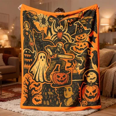 Halloween Movie Night Blanket Orange Black Spooky Decoration Throw Cozy Plush Fleece Blankiet