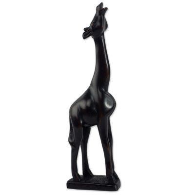 Giraffe II,'Handcarved Dark Brown Wood Giraffe Sculpture from Ghana'