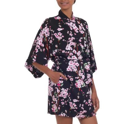 Spring Cherry Blossom,'Floral Rayon Robe in Black and Fuchsia from Indonesia'
