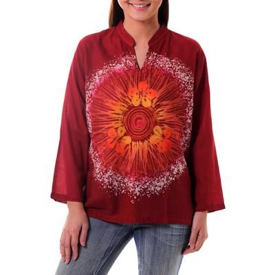 Cotton batik tunic, 'Red Flower Power'