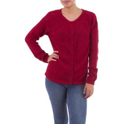 Sweet Mystique in Crimson,'Crimson Baby Alpaca Cardigan Sweater with Pointelle Knit'