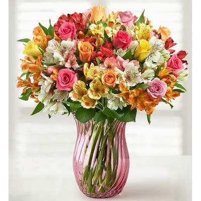 1-800-Flowers Flower Delivery Assorted Roses & Peruvian Lilies Double Bouquet W/ Pink Vase | Happiness Delivered To Their Door