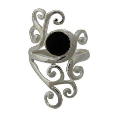 Onyx cocktail ring, 'Black Jasmine'