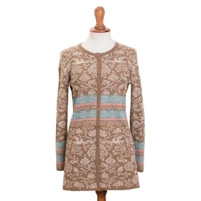 'Nature-Themed 100% Baby Alpaca Cardigan in Tan from Peru'