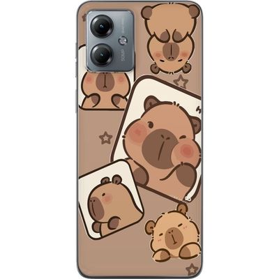Kompatibelt Mobildeksel til Motorola Moto G14 Capybara Ramme Venner Lekfullt design med små capybarer i ruter med stjerner og beige bakgrunn.