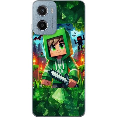 Kompatibelt Mobildeksel til Motorola Moto G05 Minecraft gamer gutt grønn hettegenser - tegnet Minecraft gutt med sverd, piksler og eventyrtema