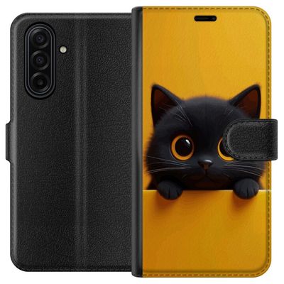 Kompatibelt Lommeboketui til Samsung Galaxy A17 5G Søt svart katt med store øyne på gul bakgrunn - minimalistisk dyreillustrasjon med varm farge og m