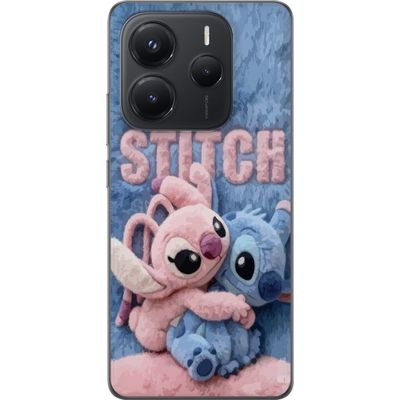 Kompatibelt Mobildeksel til Xiaomi Redmi Note 14 5G Fluffy Stitch og Angel omfavner på en myk pelsflate med pastellfarger som skaper en varm koselig