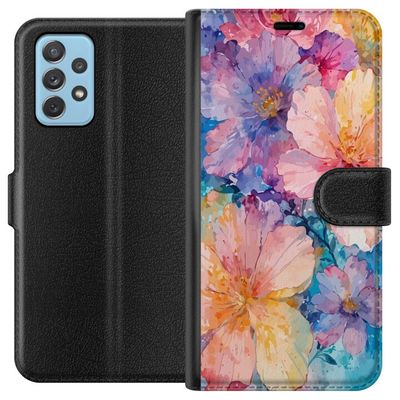 Kompatibelt Lommeboketui til Samsung Galaxy A72 5G Vannfarge maleri med store blomster i rosa, blå og gul farger i en myk kunstnerisk stil