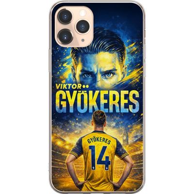 Kompatibelt Mobildeksel til Apple iPhone 11 Pro Fotballplakat av Viktor Gyökeres i gulblå fargeskala med dramatisk stadionbakgrunn, sportsillustrasjo
