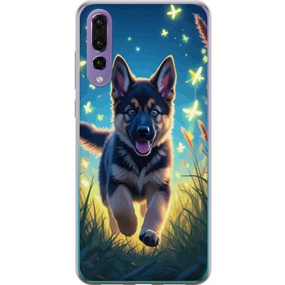 Kompatibelt Mobildeksel til Huawei P20 Pro Valp tysk schäferhund plakat hund valp vår eng sommerfugler søte dyreillustrasjon natt kunst