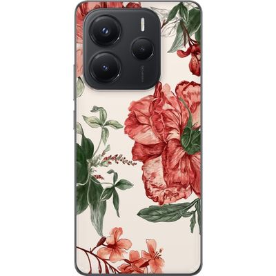 Kompatibelt Mobildeksel til Xiaomi Redmi Note 14 5G Røde blomster botanisk motiv med grønne blader elegant stil for de som liker naturens farger