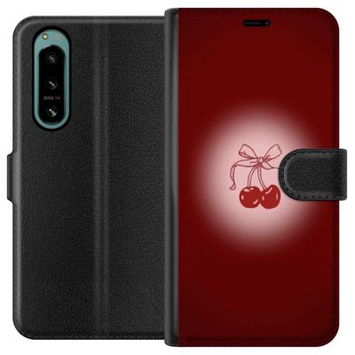 Kompatibel Tegnebogsetui til Sony Xperia 5 IV Cherry Bow kirsebær design med bånd i romantisk retro-stil rød farve og vintage følelse