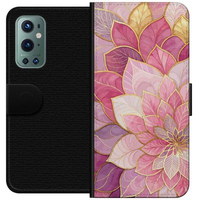 Kompatibelt Lommeboketui til OnePlus 9 Pro Blomstrete mandala - Rosa og lilla mønster med gyldne detaljer illustrasjon