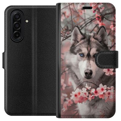 Kompatibelt Lommeboketui til Samsung Galaxy A17 5G Sibirsk Husky plakat hund blå øyne kirsebærblomster ulv natur dyr blomster søt retro design