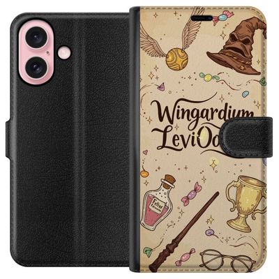 Kompatibelt Lommeboketui til Apple iPhone 16 Harry Potter Wingardium Leviosa illustrasjon - magisk Harry Potter tema med trollstav, Snitch og hatt