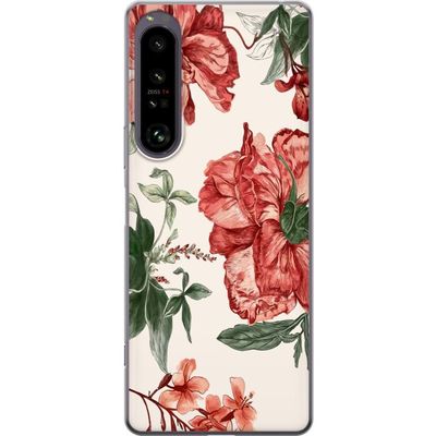 Kompatibelt Mobildeksel til Sony Xperia 1 IV Røde blomster botanisk motiv med grønne blader elegant stil for de som liker naturens farger