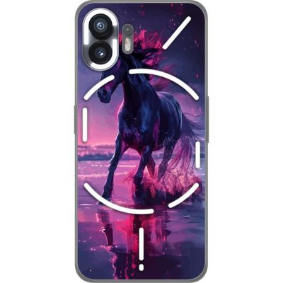 Kompatibelt Mobildeksel til Nothing Phone (2) Elegant svart hest som løper gjennom vann i lilla og rosa lys med en magisk følelse.