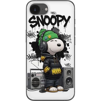 Kompatibel Mobilcover til Apple iPhone 16e Snoopy i streetwear med hovedtelefoner og graffiti-stil står ved siden af en boombox og smiler stort, et u