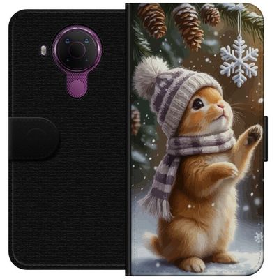 Kompatibelt Lommeboketui til Nokia 5.4 Vinterkanin med lue og skjerf beundrer sjarmerende snøfnugg vinterscene fylt med julestemning