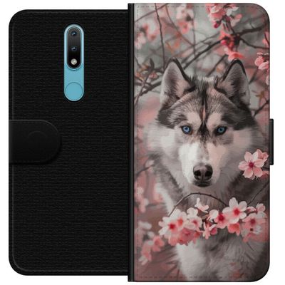 Kompatibelt Lommeboketui til Nokia 2.4 Sibirsk Husky plakat hund blå øyne kirsebærblomster ulv natur dyr blomster søt retro design