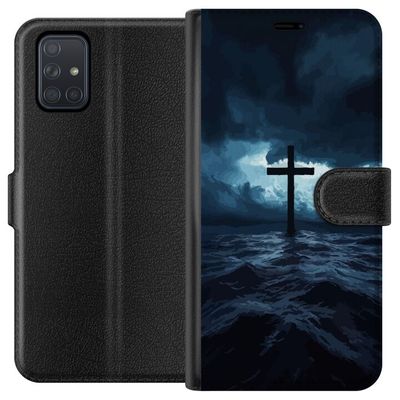 Kompatibelt Lommeboketui til Samsung Galaxy A71 Kors i storm på havet dramatisk kristen maleri med kors og bølger religiøst motiv havet himmelen tro