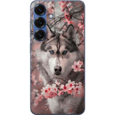Kompatibelt Mobildeksel til Samsung Galaxy S25+ Sibirsk Husky plakat hund blå øyne kirsebærblomster ulv natur dyr blomster søt retro design
