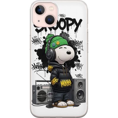 Kompatibel Mobilcover til Apple iPhone 13 mini Snoopy i streetwear med hovedtelefoner og graffiti-stil står ved siden af en boombox og smiler stort,