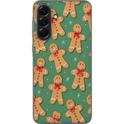 Kompatibelt Mobildeksel til Samsung Galaxy A56 Pepperkakejulemønster - pepperkake menn i søt juledesign med grønn bakgrunn og vinterfølelse
