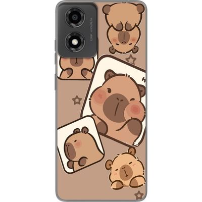 Kompatibelt Mobildeksel til Motorola Moto E14 Capybara Ramme Venner Lekfullt design med små capybarer i ruter med stjerner og beige bakgrunn.