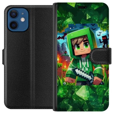 Kompatibelt Lommeboketui til Apple iPhone 12 Minecraft gamer gutt grønn hettegenser - tegnet Minecraft gutt med sverd, piksler og eventyrtema