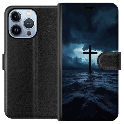 Kompatibelt Lommeboketui til Apple iPhone 13 Pro Kors i storm på havet dramatisk kristen maleri med kors og bølger religiøst motiv havet himmelen tro