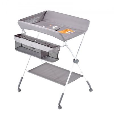 Baby puslebord, 84.8x74.5x103-109 cm, lysegrå, foldbar opbevaring