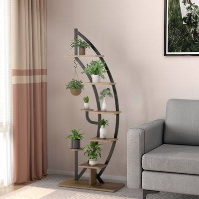 Växtställ, 8 våningar högt träställ i halvmånadsform med krok, 60×30×155 cm, naturligt vitt , Star