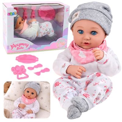 Babydukke 28 cm med tøj og madningstilbehør, rangle