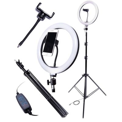 LED-rengasvalo 26 cm 60W USB jalustalla 220 cm ja puhelintelineellä