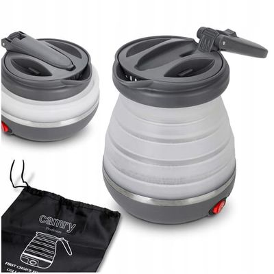 Hopfällbar resevattenkokare, 0,6 L, 750 W, med silikonhölje och bärfodral.