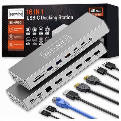 Zenwire BS-HD1601 USB-C dockingstation 16-i-1 med 2x HDMI 4K 60Hz DisplayPort 1.4 og SD-kortlæser