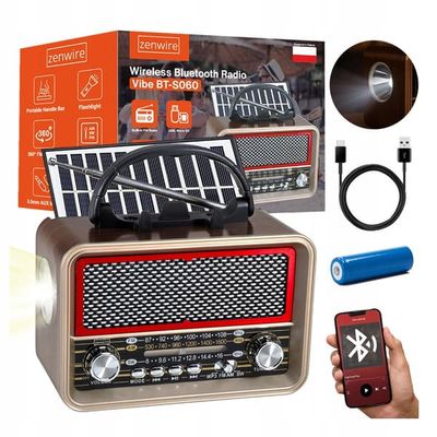 Retro FM-radio med solcellslader, Bluetooth, bærbar batteri-drevet køkkenantenne og USB-C