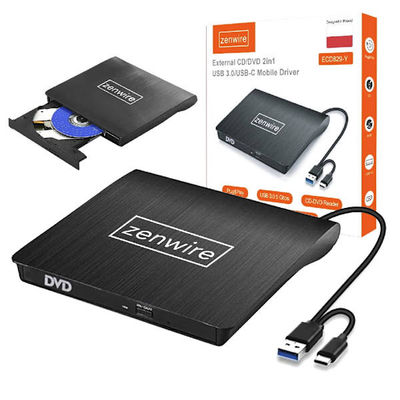 Zenwire ECD829-Y ulkoinen kannettava DVD-CD-asema 2-in-1 USB 3.0 USB-C -polttava CD/DVD-soitin kannettavalle tietokoneelle