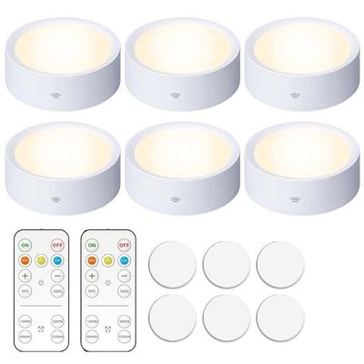 Trådløse LED-spotlights, 6-pak / pucklamper med fjernbetjening / dæmpbar skabsbelysning