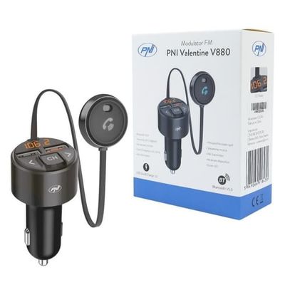 PNI Valentine V880 FM-modulator med mikrofon, Bluetooth 5.0, MP3-spelare, FM-sändare, dubbel USB-port