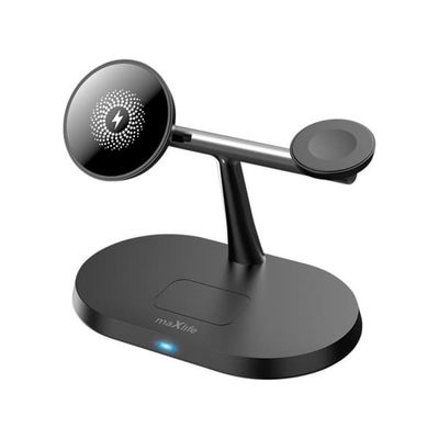Induktiv laddningsstation 15W - MAXLIFE - MagSafe - 3-i-1 - Svart / Silver - Rostfritt stål